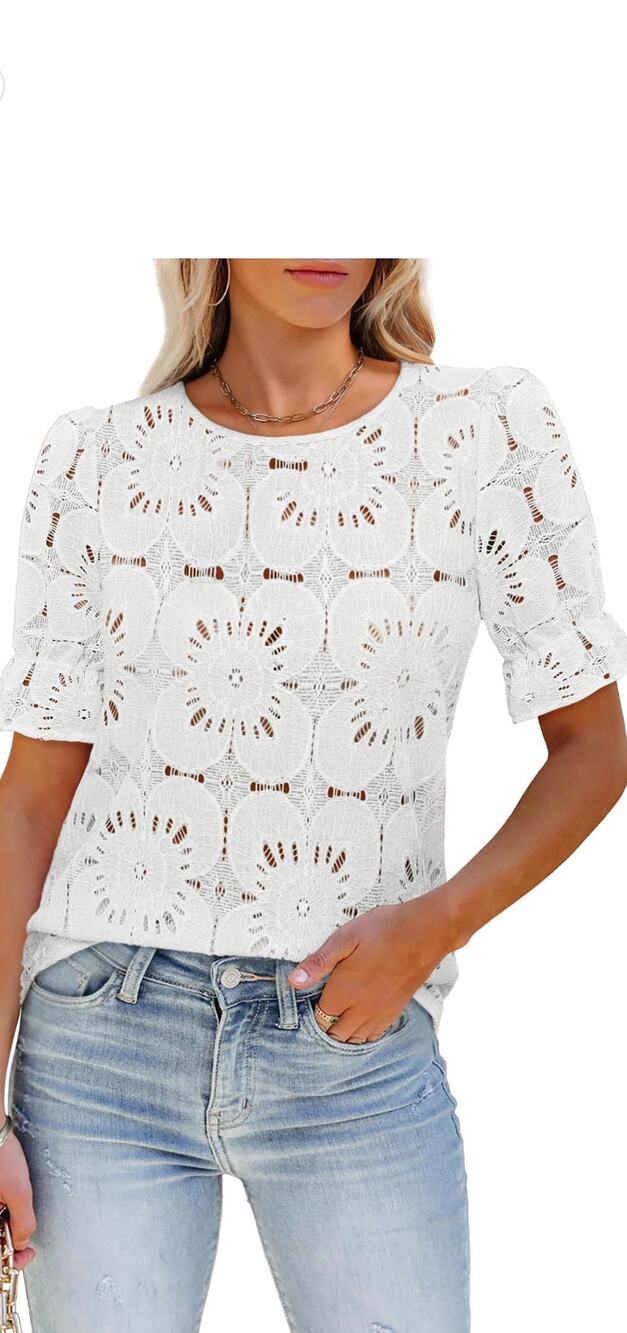LUXVEER Women Medium White Eyelet Lace Blouse Puff Sleeve Dressy Casual Top